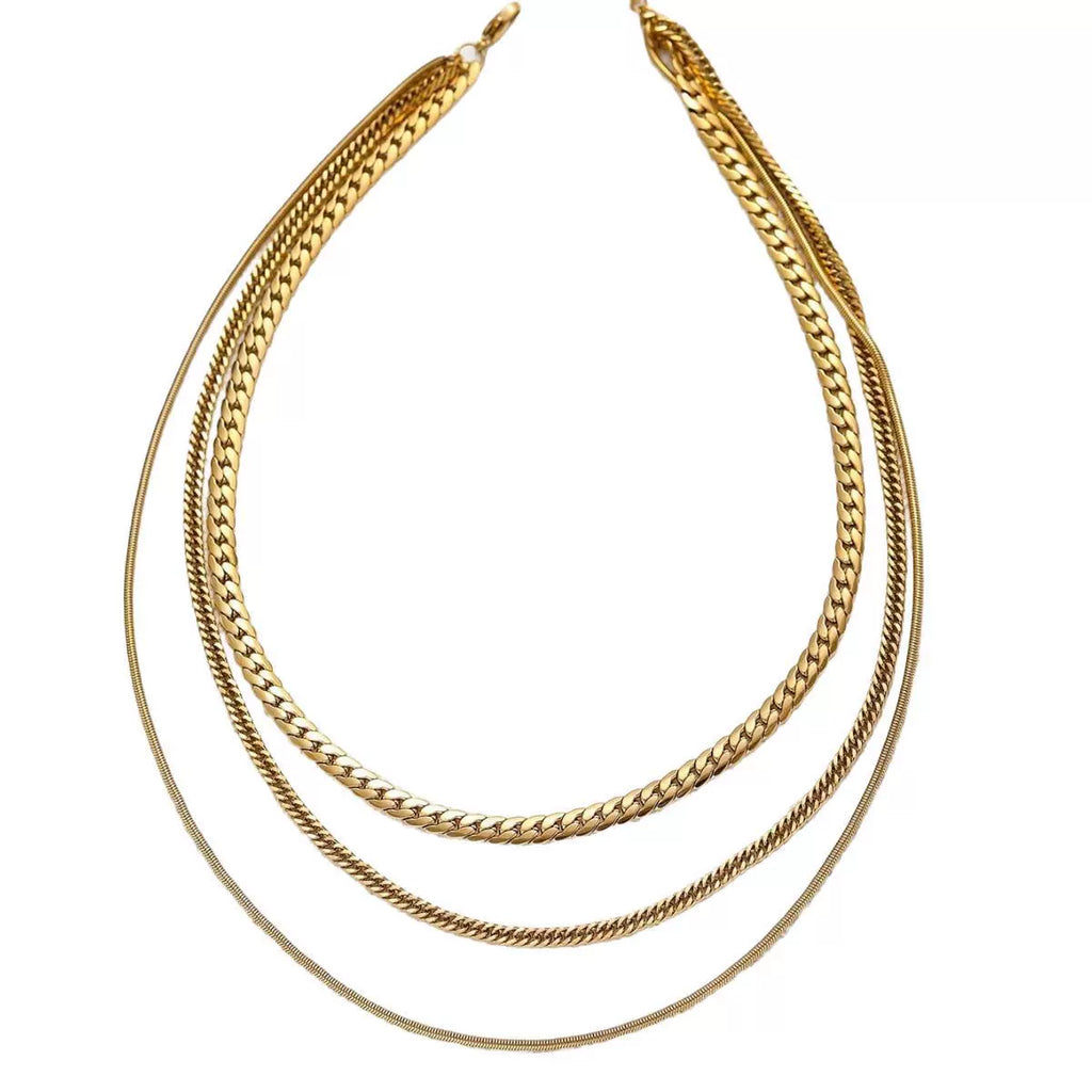14K Gold Plated Layer Chain Necklace | 3-Layer Snake, Cuban & Herringbone Chain